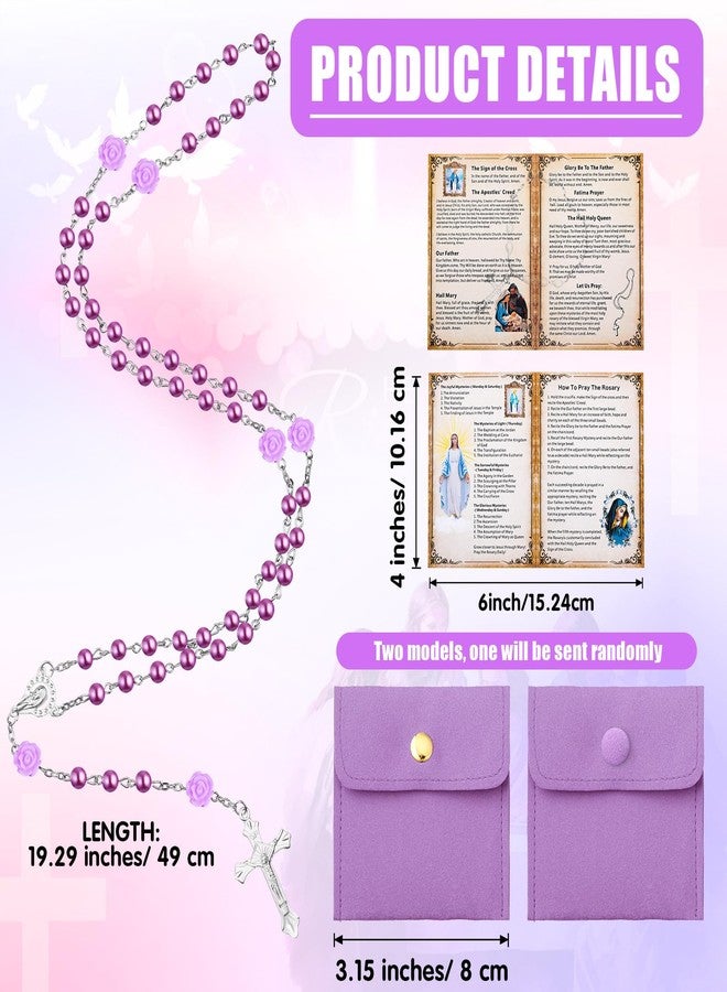 Quelay Rosary for Women Catholic Gifts Our Lady of Rosary Beads Pray Card Necklace Confirmation Gifts(Purple,Rose) - Image 2